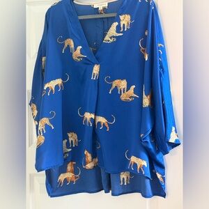 Umgee Royal Blue V-Neck Blouse with Gold Leopard Print